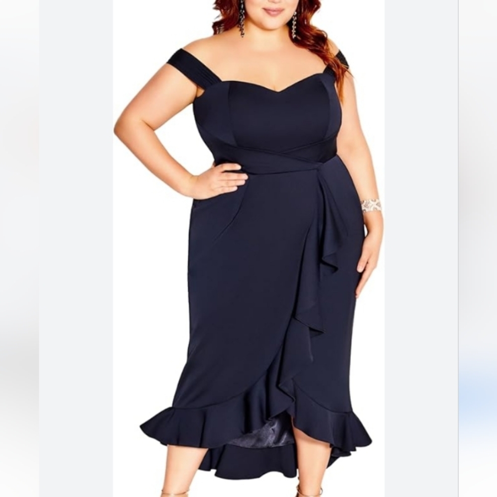 City Chic Navy Hypnotize Off-Shoulder Ruffle Midi Dress - Plus Size M/18